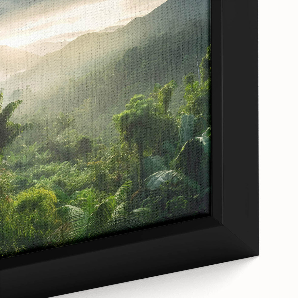 Close-up of a framed rainforest landscape wall art piece showcasing vibrant greens and earthy tones, perfect for adding a touch of nature to any space.
