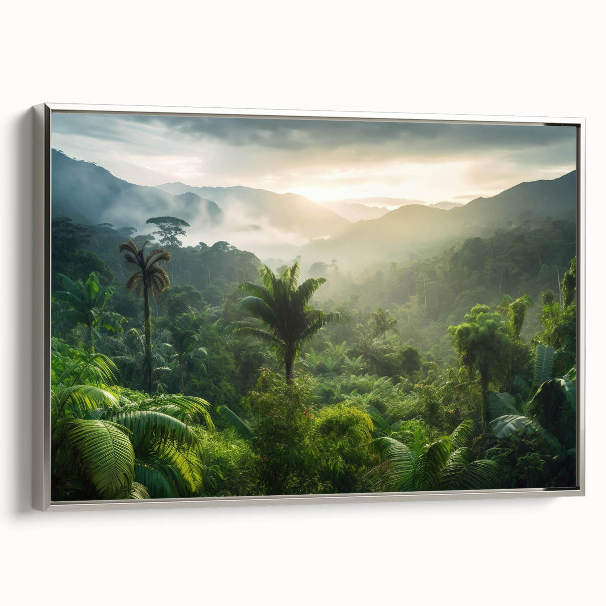 Framed canvas wall art featuring a vibrant rainforest landscape design with lush greenery and a silver frame, ideal for enhancing any living space decor.