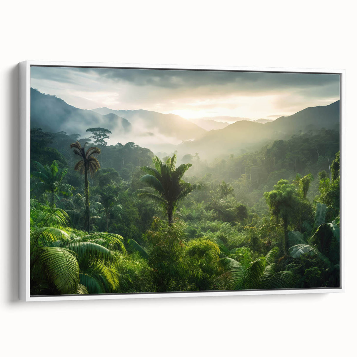 Framed wall art piece showcasing a vibrant rainforest landscape design, featuring lush green foliage and rich colors, ideal for enhancing home decor.