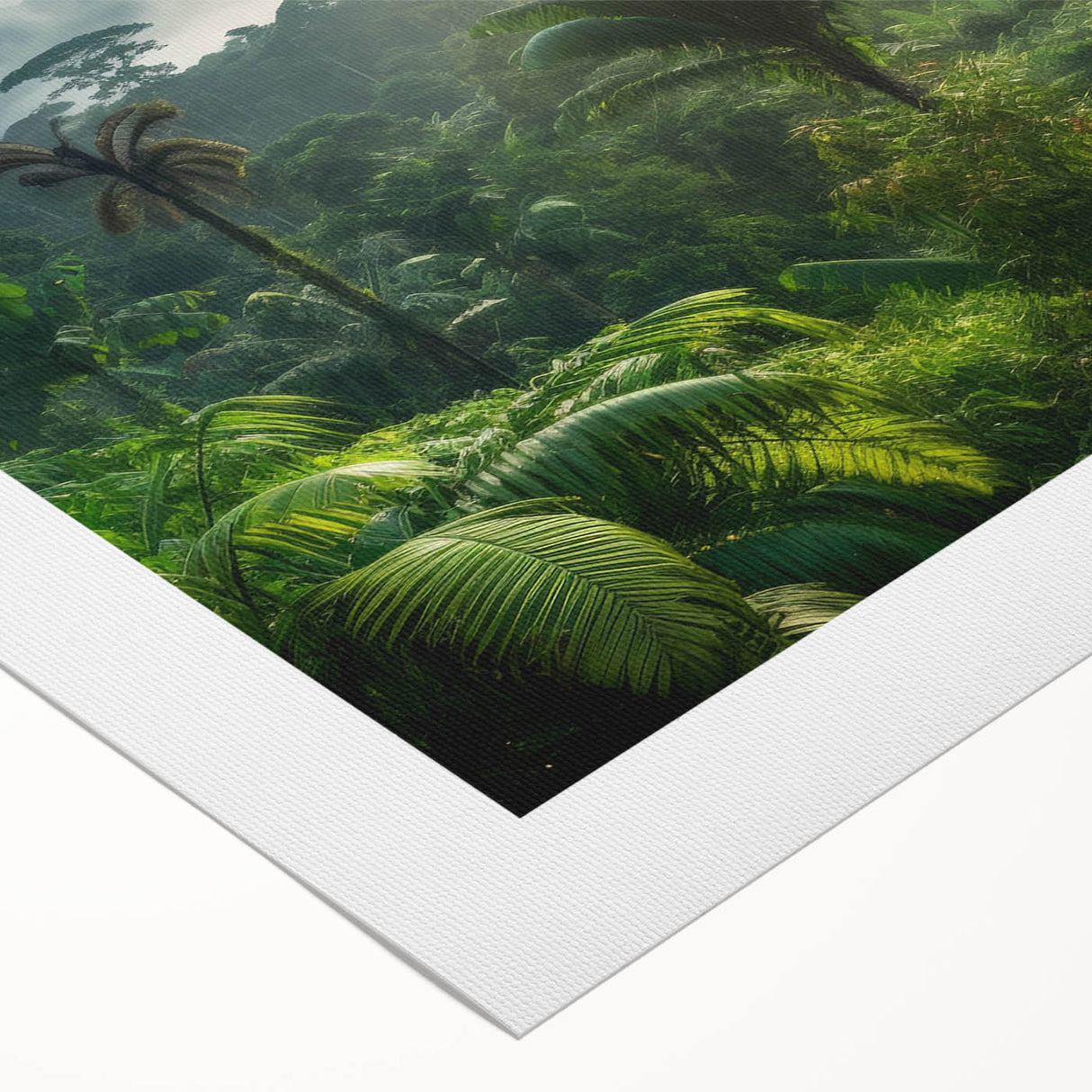 Vibrant rainforest landscape wall art on rolled canvas showcasing lush greenery, vivid colors, and intricate details, perfect for enhancing home decor.