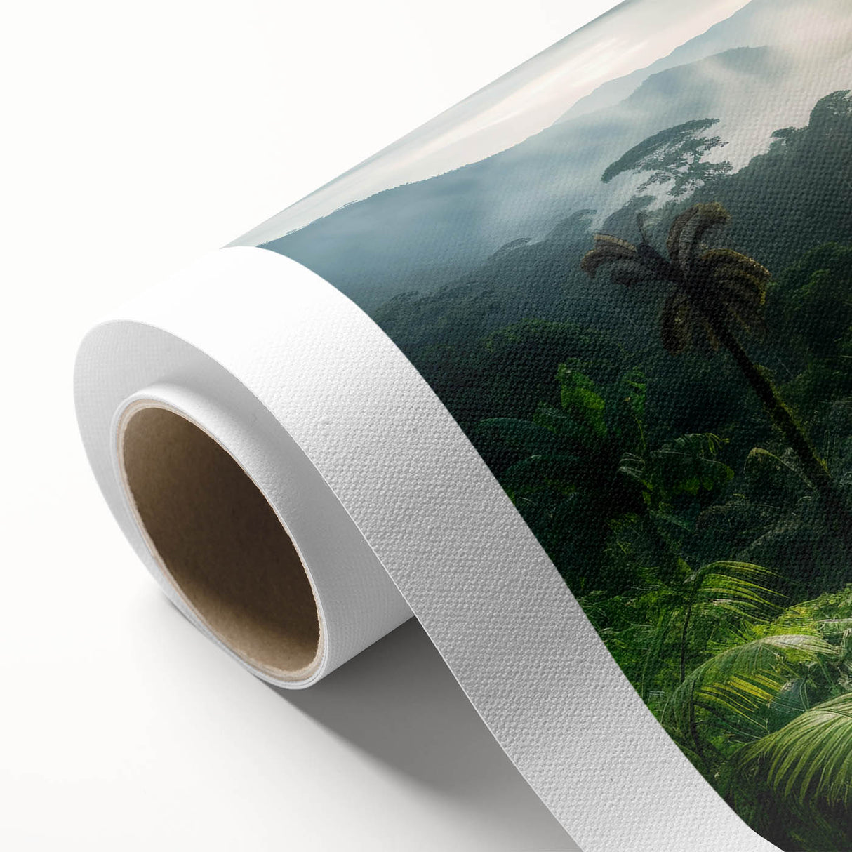Vibrant rolled canvas artwork showcasing a lush rainforest landscape, featuring rich greens and blues, perfect for nature enthusiasts' home decor.