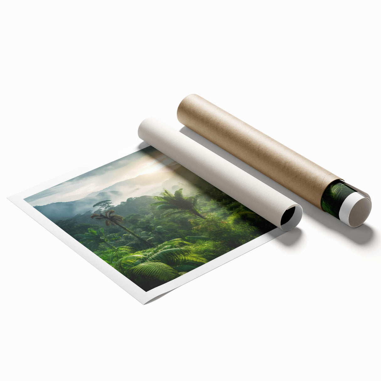 Vibrant rainforest landscape wall art print showcasing lush greenery and exotic flora, rolled and ready for framing, ideal for nature-themed decor.