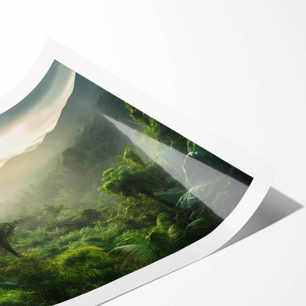 Vibrant rainforest wall art rolled print showcasing lush green foliage and exotic flora, elegantly packaged in a protective cardboard tube for delivery.