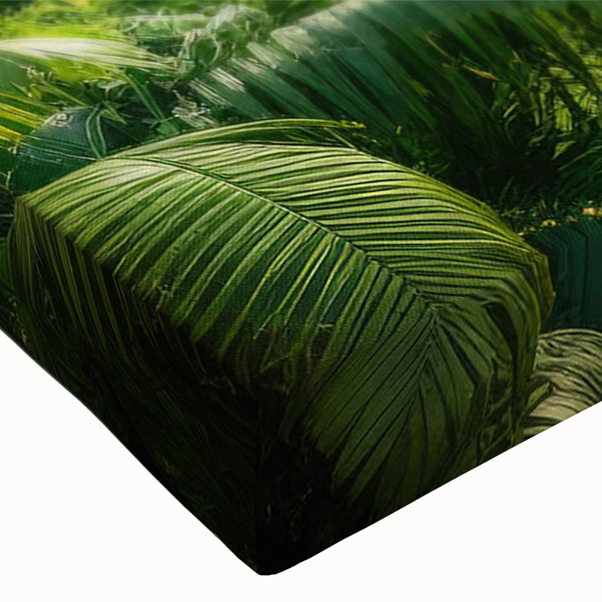 Close-up of a vibrant rainforest landscape design printed on stretched canvas, highlighting rich greens and browns, perfect for nature-themed decor.