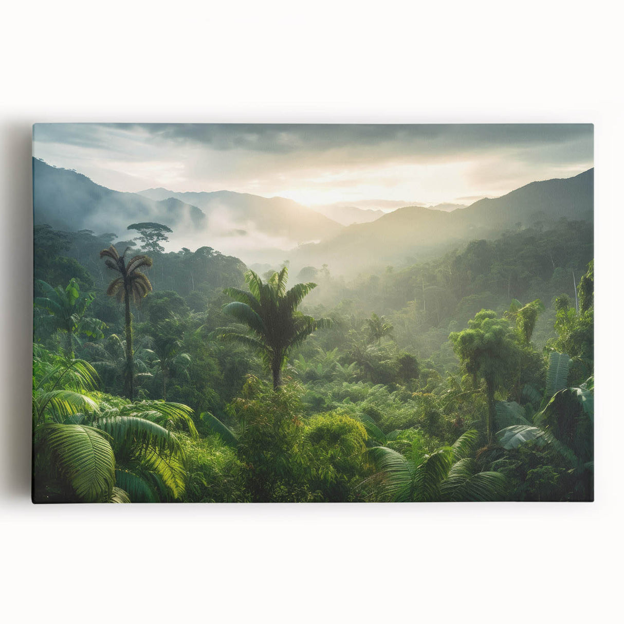 Vibrant rainforest landscape wall art on stretched canvas showcases lush greenery and exotic foliage, perfect for enhancing living spaces with nature-inspired decor.