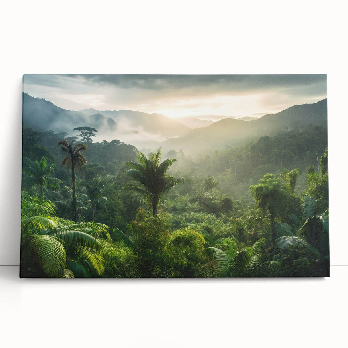 Stretched canvas wall art featuring a vibrant rainforest landscape design, depicting lush greenery and tropical flora, perfect for enhancing home decor.