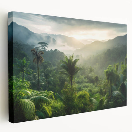 Stretched canvas wall art showcasing a vibrant rainforest landscape design, highlighting lush greenery and intricate details, ideal for enhancing home décor.