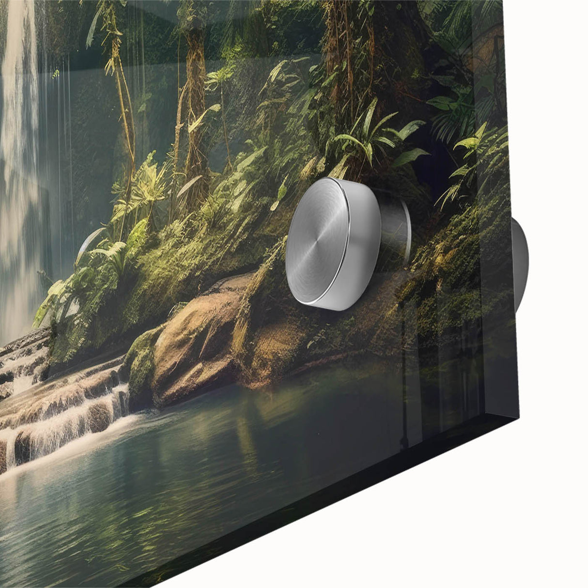 Close-up of a vibrant rainforest-themed wall art piece featuring lush green foliage and detailed textures, printed on acrylic glass for an eye-catching display. Perfect for nature lovers seeking to enhance their home decor with a touch of the tropics.