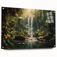 Acrylic glass wall art featuring a vibrant rainforest landscape design, showcased from a side view with pins, highlighting its glossy finish and intricate details. Ideal for enhancing modern decor with a touch of nature-inspired elegance.