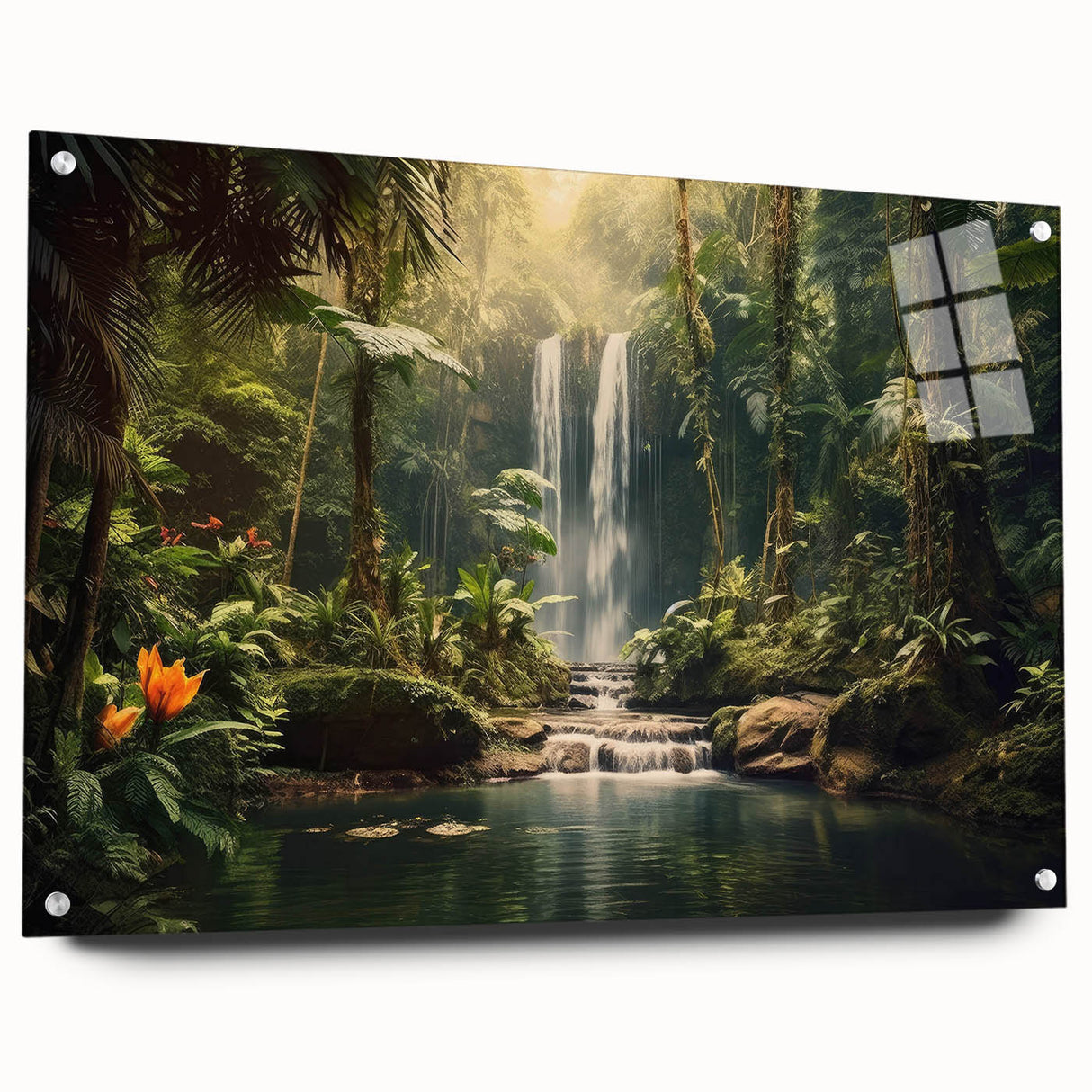 Acrylic glass wall art featuring a vibrant rainforest landscape design, showcased from a side view with pins, highlighting its glossy finish and intricate details. Ideal for enhancing modern decor with a touch of nature-inspired elegance.