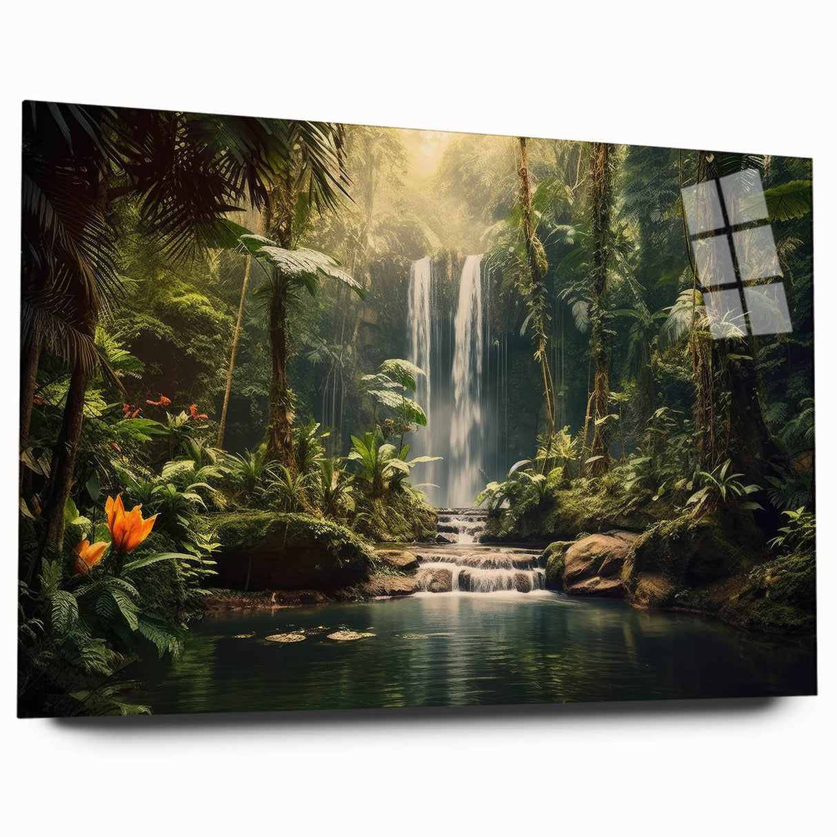 Acrylic glass wall art displaying a vibrant rainforest landscape design, showcasing lush greenery and vivid colors, ideal for enhancing modern home decor.
