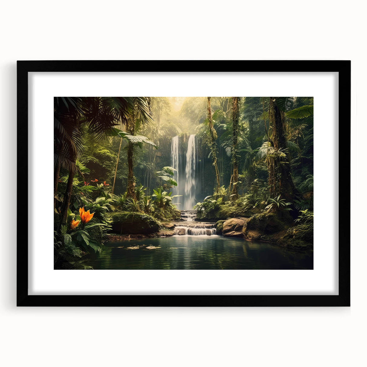 Framed wall art showcasing a vibrant rainforest landscape design, featuring lush greenery and intricate details, set in a sleek black frame with a mat, perfect for enhancing any room's decor.
