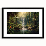 Framed wall art showcasing a vibrant rainforest landscape design, featuring lush greenery and intricate details, set in a sleek black frame with a mat, perfect for enhancing any room's decor.