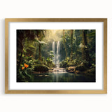 Framed wall art featuring a lush rainforest landscape design, showcasing vibrant greens and gold accents, perfect for adding a touch of nature to home decor.