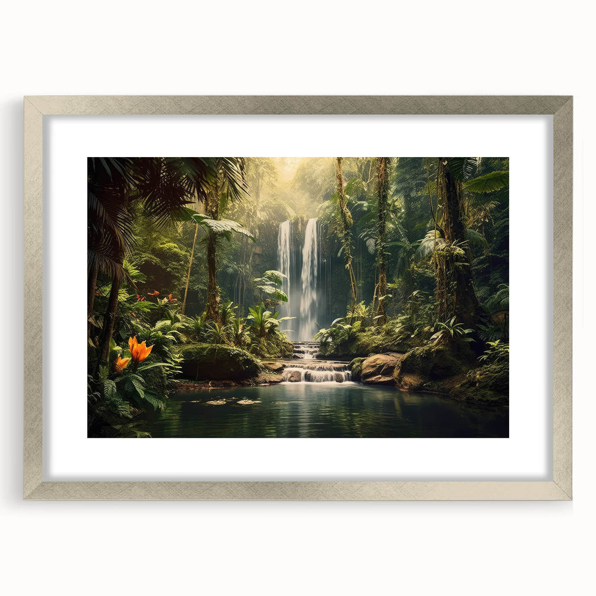Framed rainforest landscape wall art with a silver mat, showcasing vibrant green foliage and intricate details, ideal for nature-inspired home decor.