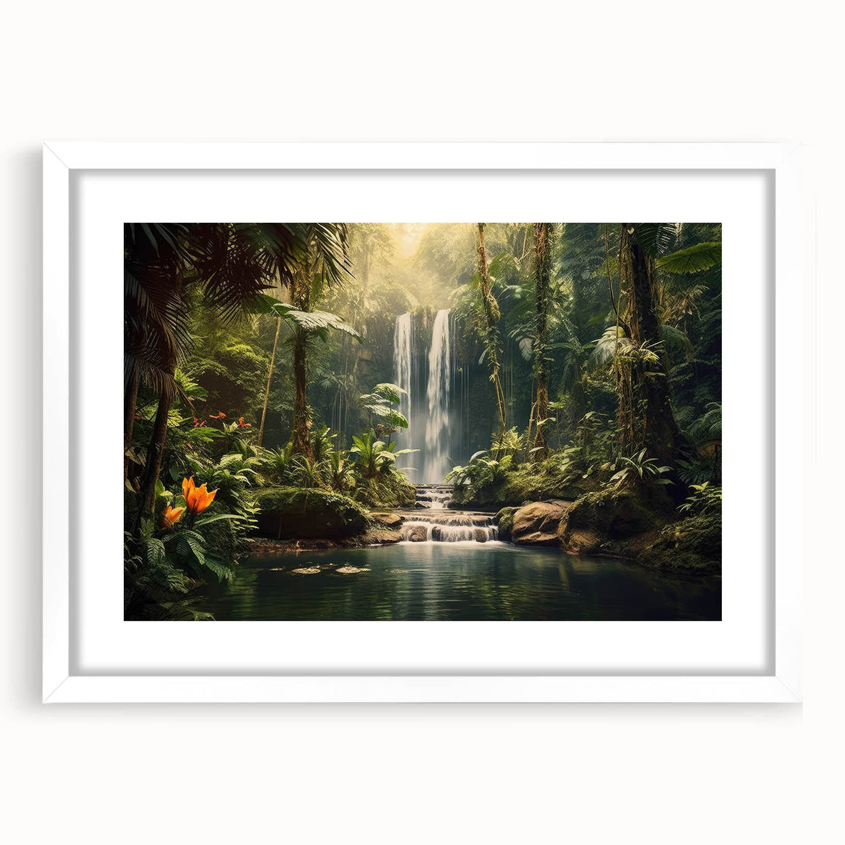 Framed wall art featuring a lush rainforest landscape design with vibrant green foliage and soft lighting, showcasing a serene nature scene perfect for home decor.