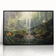 Framed acrylic wall art showcasing a vibrant rainforest landscape design with lush greenery and intricate details, displayed in a sleek black frame, ideal for enhancing home decor.