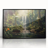 Framed acrylic wall art showcasing a vibrant rainforest landscape design with lush greenery and intricate details, displayed in a sleek black frame, ideal for enhancing home decor.