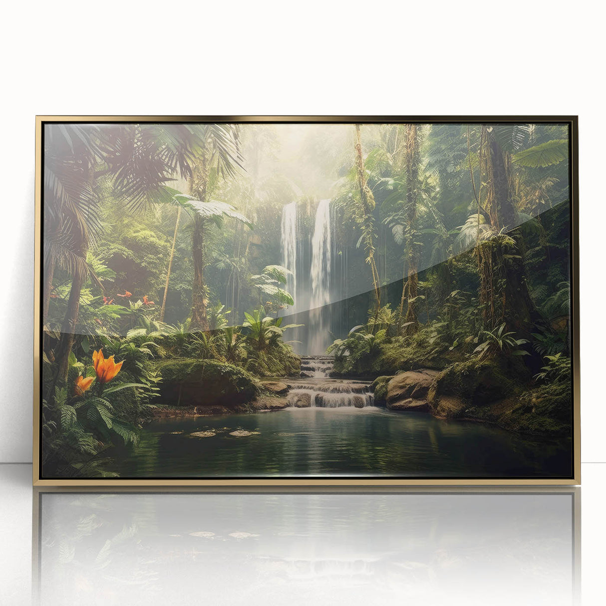Framed wall art showcasing a vibrant rainforest landscape design with a gold-acrylic finish, perfect for adding a touch of nature-inspired elegance to any room.