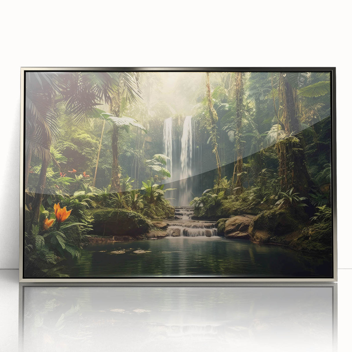 Framed acrylic wall art featuring a vibrant rainforest landscape design with lush greenery and silver accents, ideal for enhancing modern home decor.