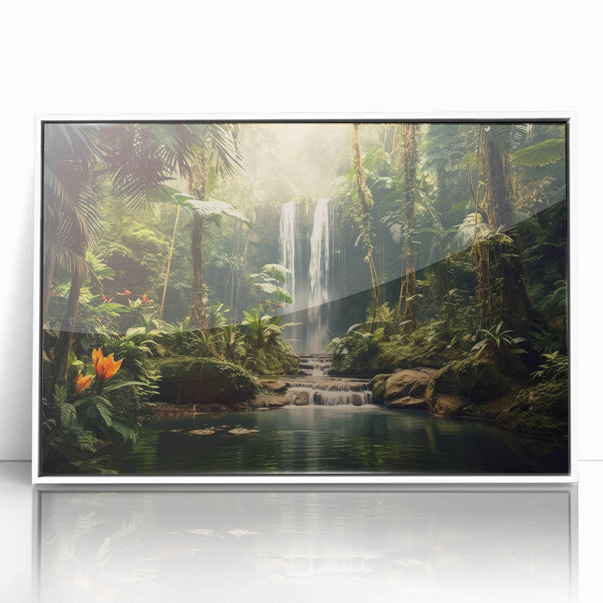 Framed acrylic wall art featuring a vibrant rainforest landscape design, showcasing lush green foliage and vivid colors, ideal for nature-inspired decor.