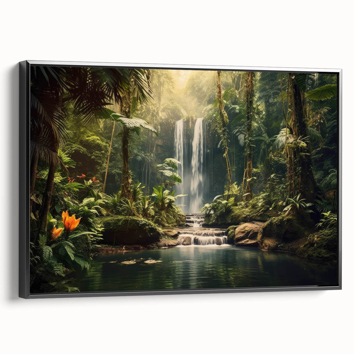 Framed canvas wall art showcasing a vibrant rainforest landscape design, featuring lush greenery and vivid colors, displayed in a sleek black frame, ideal for home decor.