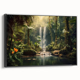 Framed canvas wall art showcasing a vibrant rainforest landscape design, featuring lush greenery and vivid colors, displayed in a sleek black frame, ideal for home decor.