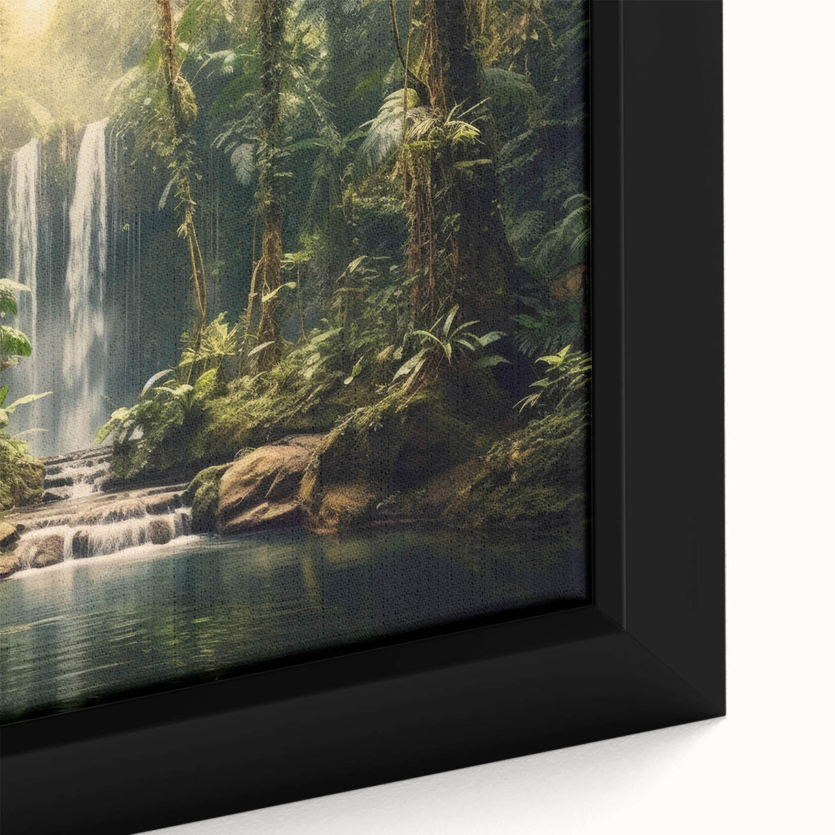 Close-up of a vibrant framed canvas wall art depicting a lush rainforest landscape, showcasing rich greens and intricate details of foliage, ideal for nature enthusiasts.