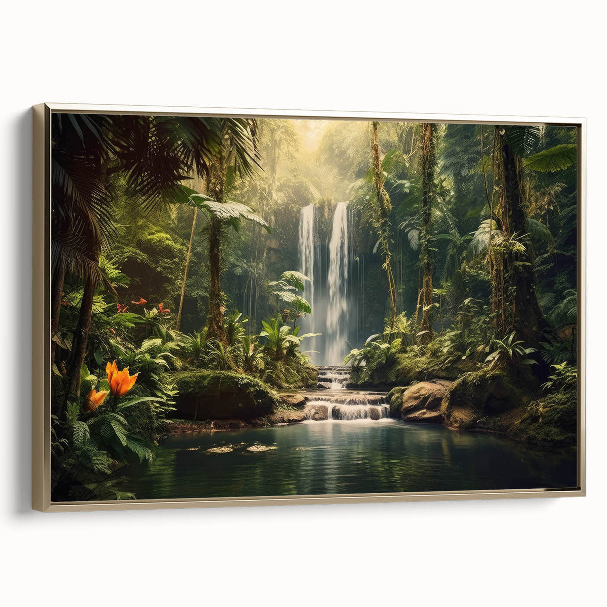 Framed canvas wall art showcasing a vibrant rainforest landscape design, featuring lush green foliage and intricate details, with a sleek gold frame accentuating its elegance.