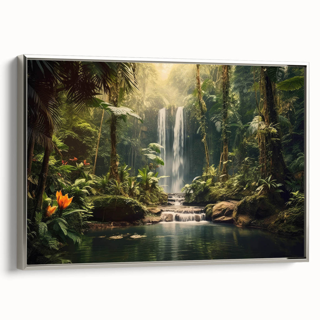 Framed canvas wall art featuring a vibrant rainforest landscape design with rich green foliage and a silver frame, ideal for enhancing home decor.