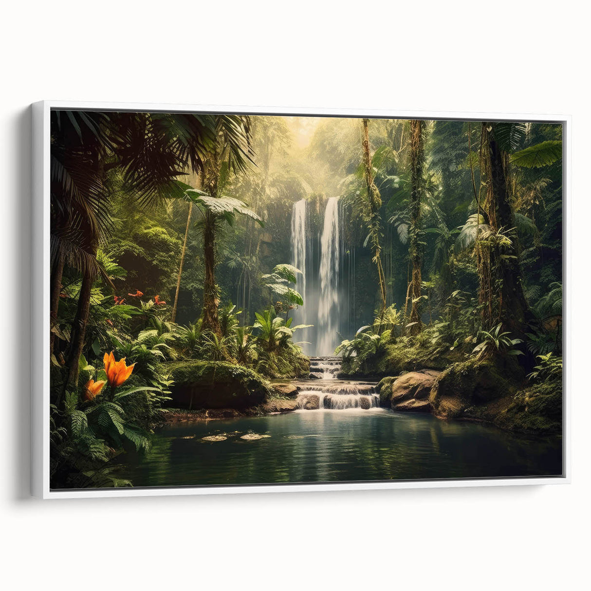 Framed canvas wall art showcasing a vibrant rainforest landscape with rich greens and earthy tones, ideal for adding a natural touch to home decor.