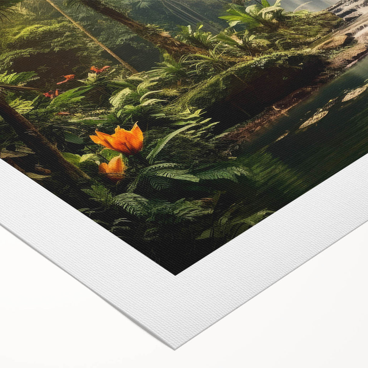 Vibrant rolled canvas depicting a lush rainforest landscape, showcasing rich greens and intricate details, perfect for adding natural beauty to any room.