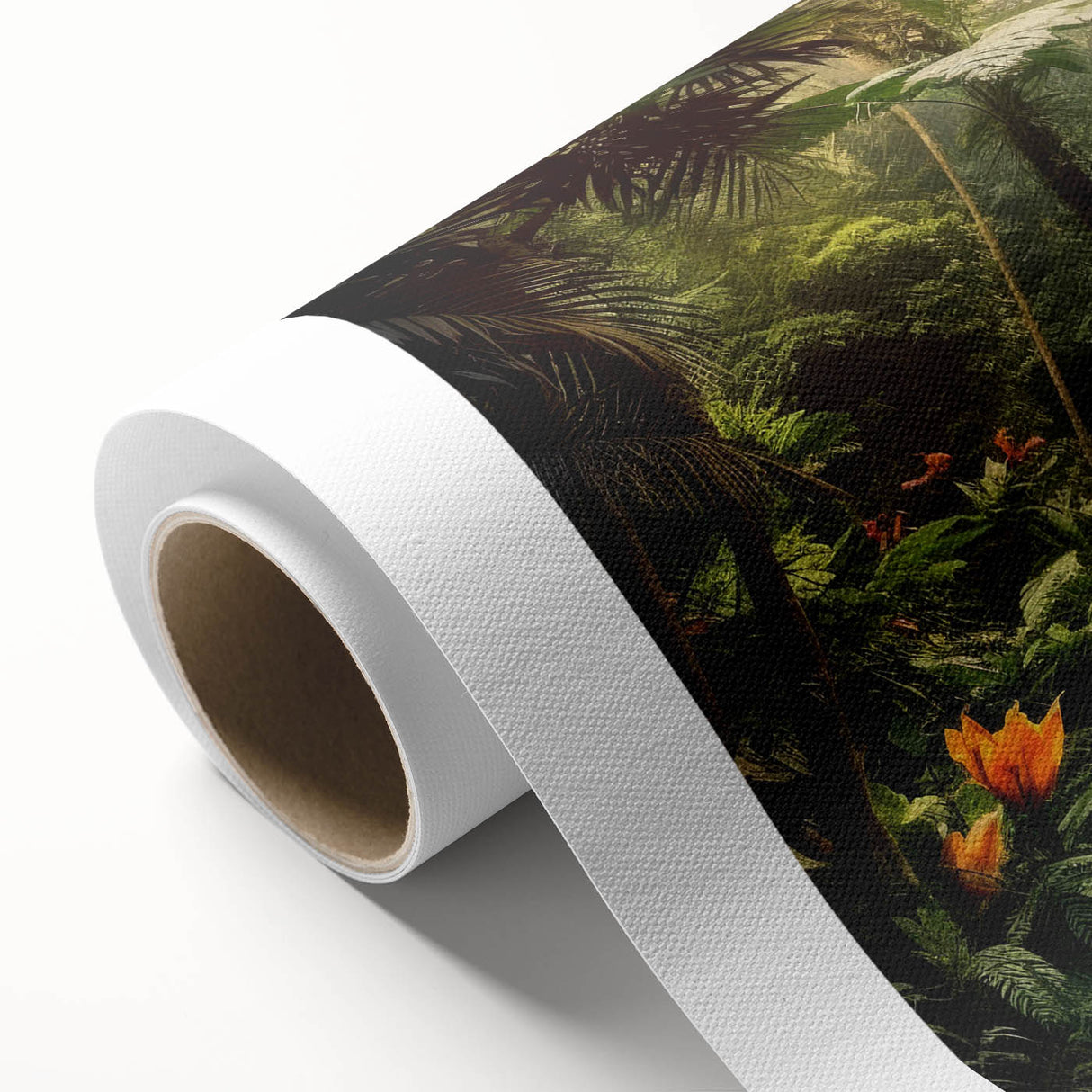 Lush rainforest landscape wall art on rolled canvas, showcasing vibrant greens and earthy tones, perfect for adding a natural touch to home decor.
