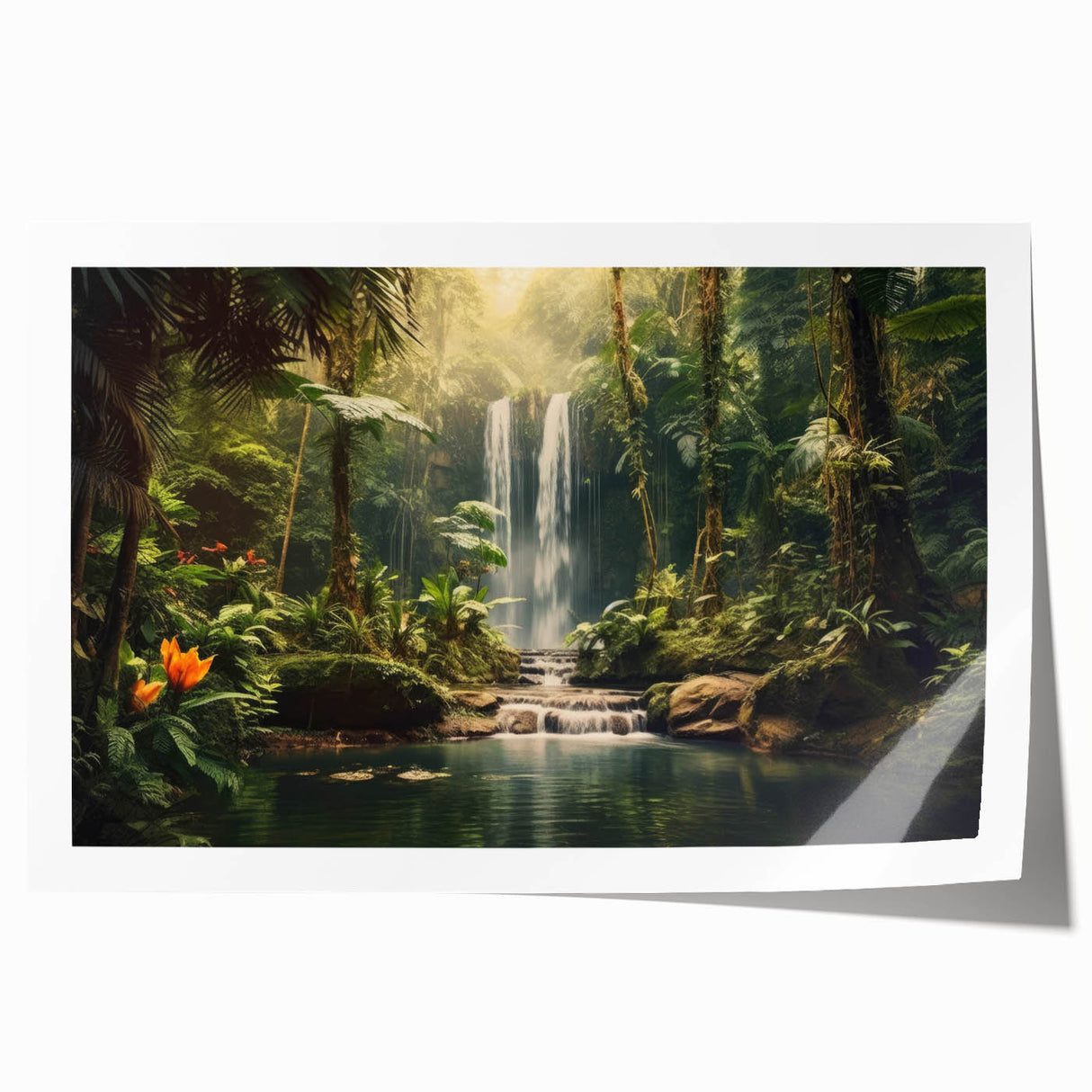 Vibrant rainforest landscape wall art print, showcasing lush green foliage and colorful flora, rolled and ready for framing, ideal for nature-themed decor.