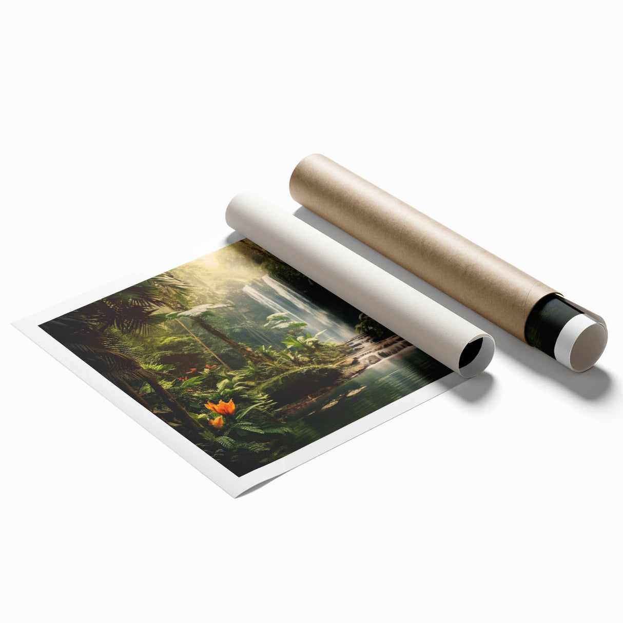 Vibrant rainforest landscape wall art print featuring lush greenery and exotic flora, designed for interior decor, rolled for easy framing and display.