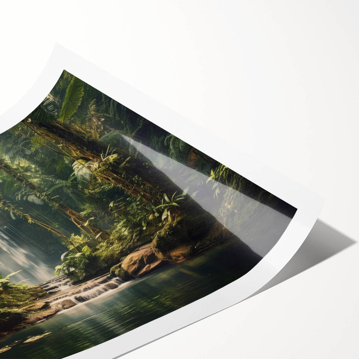 Vibrant rainforest landscape wall art print showcasing lush greenery and colorful flora, rolled and ready for framing, perfect for nature-themed decor.