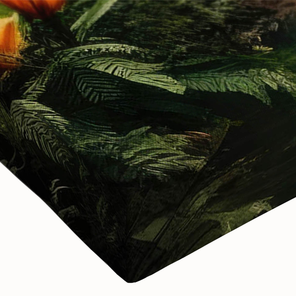 Close-up of a vibrant rainforest landscape wall art canvas showcasing lush green foliage and intricate details, perfect for nature-themed home decor.