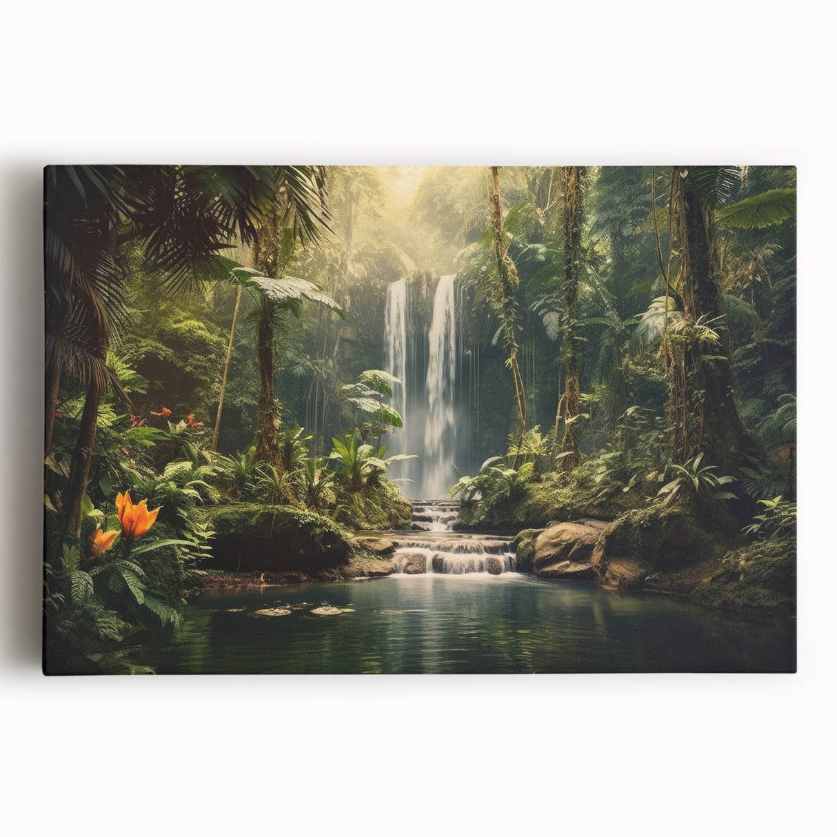 Vibrant stretched canvas wall art depicting a lush rainforest landscape, showcasing rich greens and intricate details, perfect for nature-inspired decor.