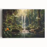 Vibrant stretched canvas wall art depicting a lush rainforest landscape, showcasing rich greens and intricate details, perfect for nature-inspired decor.