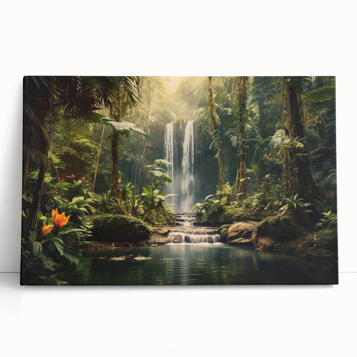 Vibrant rainforest landscape wall art on stretched canvas, showcasing lush greenery and vivid colors, ideal for adding a natural touch to home decor.