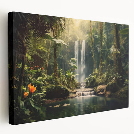 Stretched canvas wall art showcasing a vibrant rainforest landscape with lush greenery and vivid colors, perfect for nature enthusiasts and home decor.
