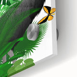 Close-up of a vibrant rainforest wall art design printed on acrylic glass, showcasing lush green foliage and intricate tropical patterns, perfect for home decor.
