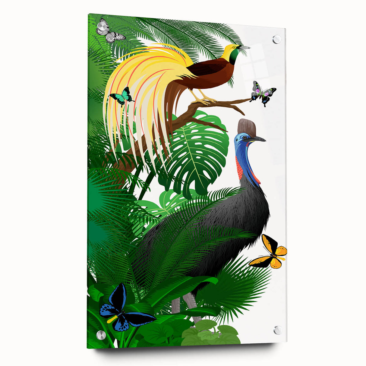 Side view of rainforest-themed wall art collection featuring vibrant acrylic glass prints, showcasing lush greenery and detailed wildlife, ideal for home decor.