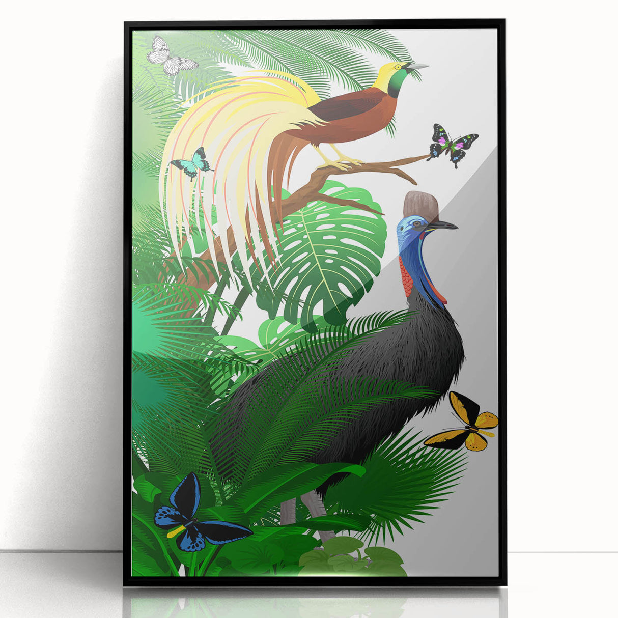 Framed acrylic wall art depicting a vibrant rainforest landscape, featuring lush greenery and rich colors, displayed in a sleek black frame for modern decor.