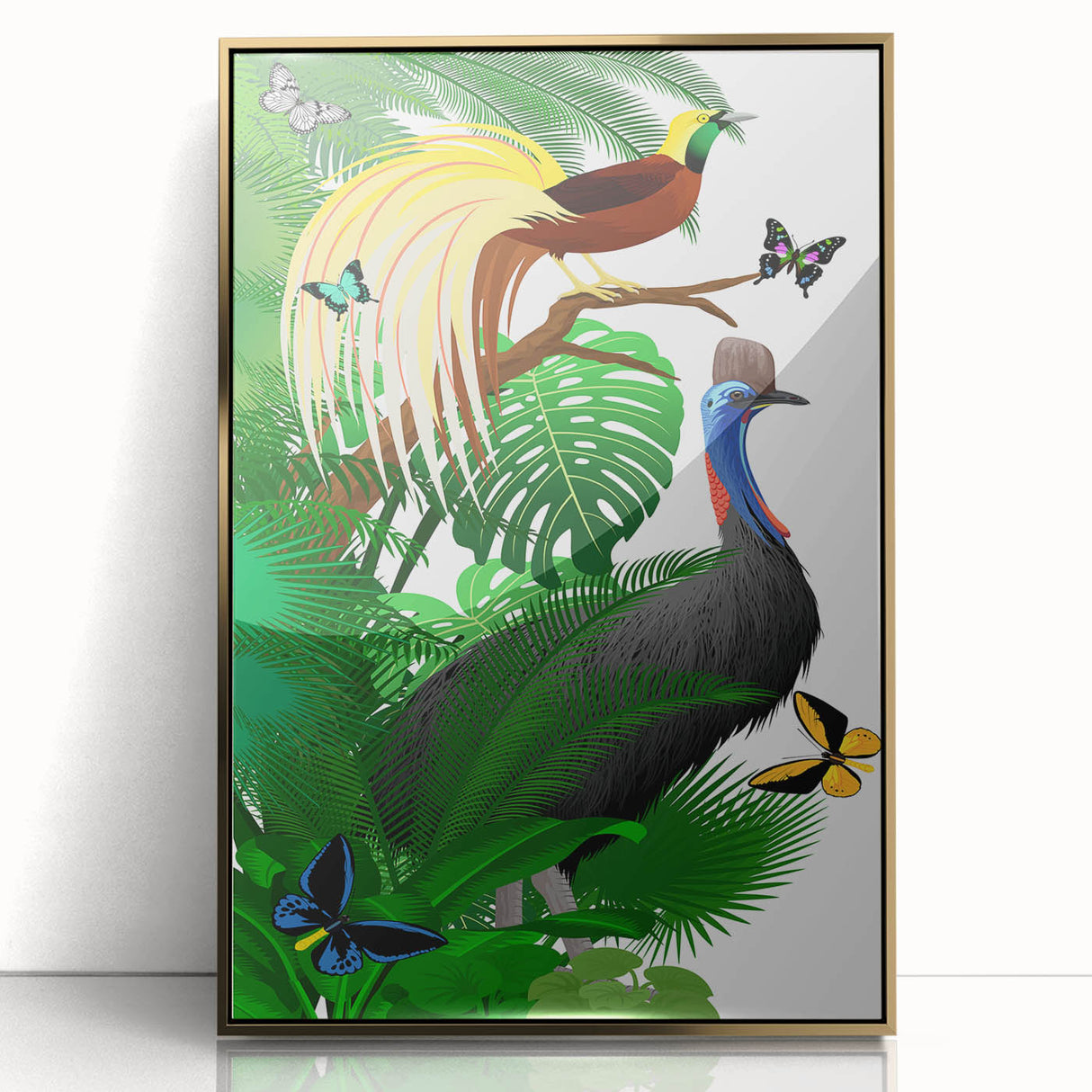 Framed acrylic wall art showcasing a vibrant rainforest landscape design with golden accents, ideal for enhancing modern decor in living spaces.