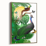 Framed canvas artwork showcasing a vibrant rainforest landscape design with rich greens and gold accents, perfect for adding a touch of nature to any decor.