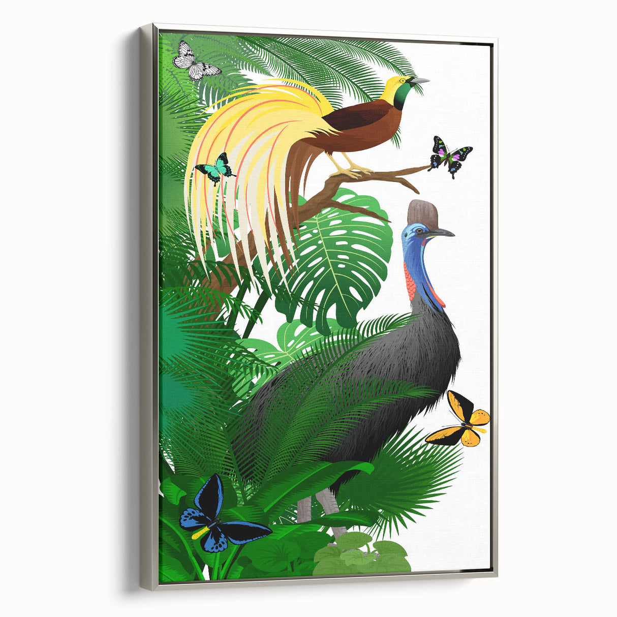 Framed canvas wall art showcasing a vibrant rainforest landscape design with rich greens and blues, elegantly displayed with a silver frame, ideal for nature-inspired decor.