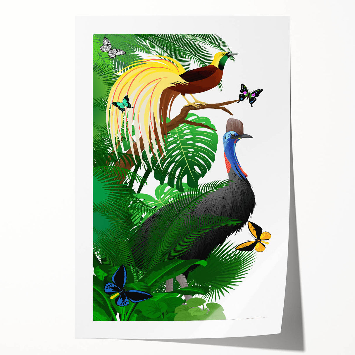 Vibrant rainforest landscape wall art print showcasing lush greenery and tropical foliage, designed for interior decor, rolled and ready for framing.