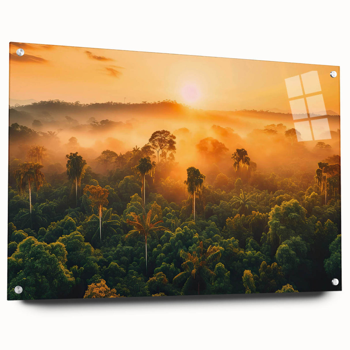 Vibrant acrylic glass wall art showcasing a lush rainforest landscape design, displayed from a side view with decorative pins, perfect for nature-inspired decor.