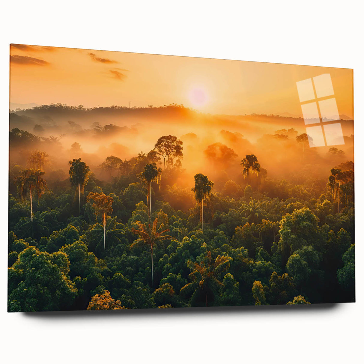Acrylic glass wall art showcasing a vibrant rainforest landscape design, featuring lush green foliage and vivid colors. Ideal for nature-themed decor.